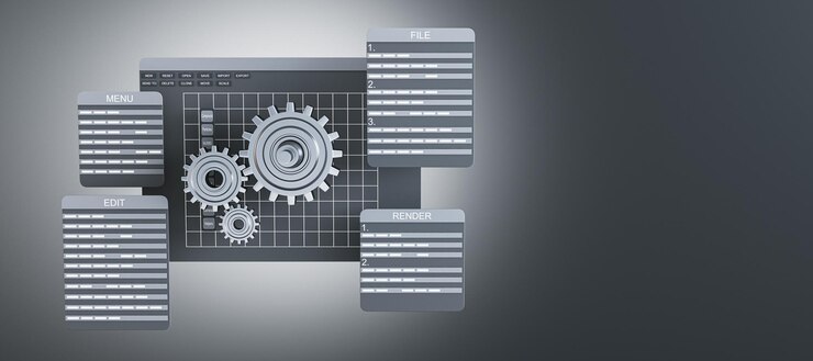 Interactive software programming interface with cog mechanisms and editable fields Technology and education concept 3D Rendering