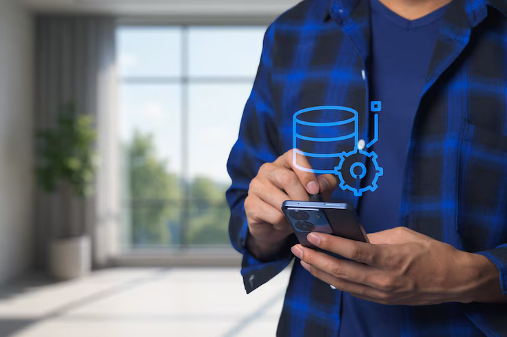 Modern Data Management Concept with Smartphone Interaction and Graphics