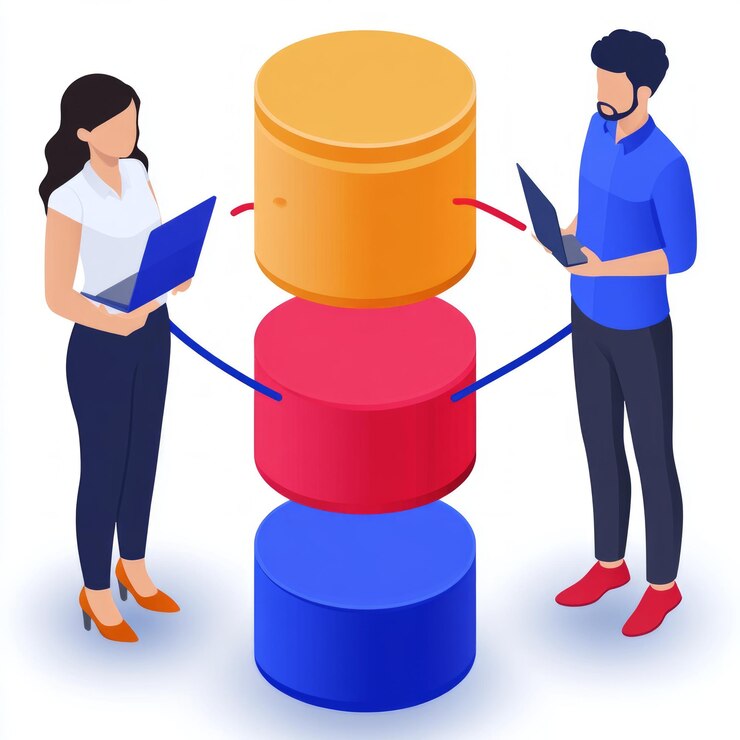 Two people interacting with a data storage system represented by colored cylinders